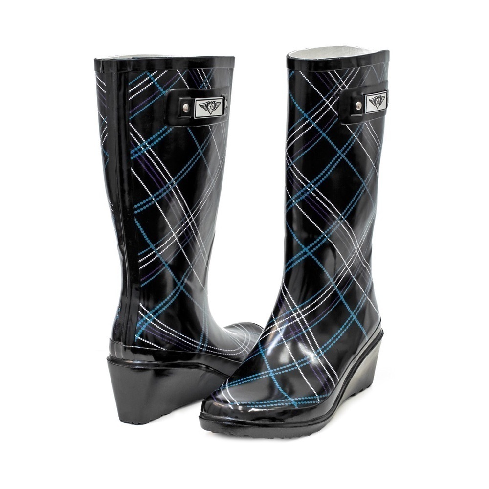Women's Rain Boots Black Blue Plaid Wedge Rubber Garden Rainboots, NEW